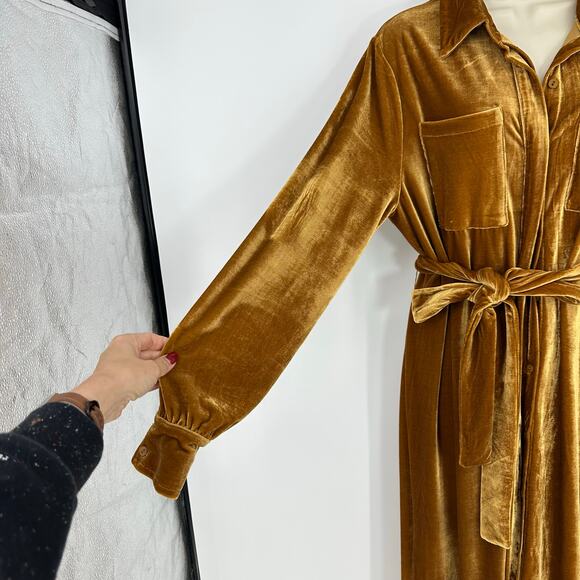 AURA Crushed Velvet Midi Shirt Dress Size S Belted Long Sleeve Honey Romantic - Picture 6 of 13